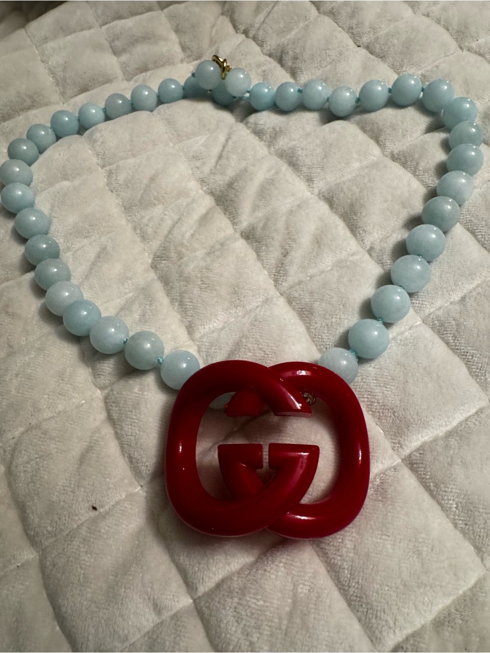 Light Blue Beaded Necklace with Red Double G Pendant